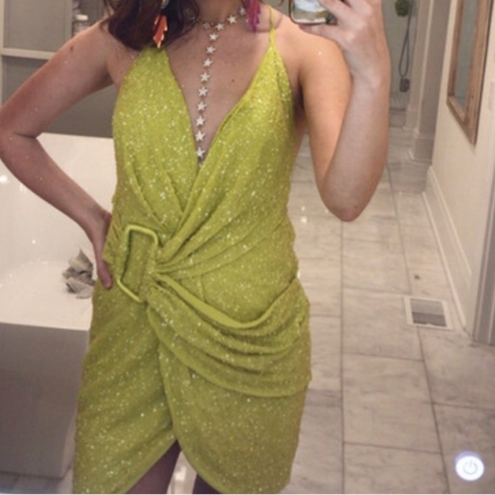 ASOS DESIGN Lime Green Sequin Wrap Dress Taylor Swift Eras Tour
